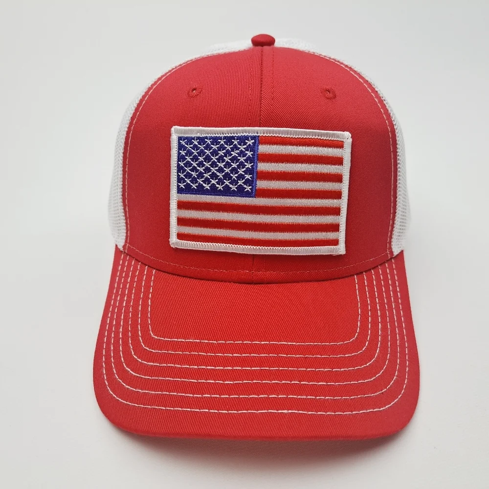 USA American Flag Embroidered Patch Trucker Mesh Snapback Cap Hat Red